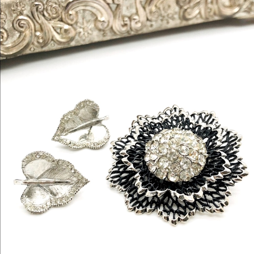 Vintage Rhinestone Brooch & Signed Earrings